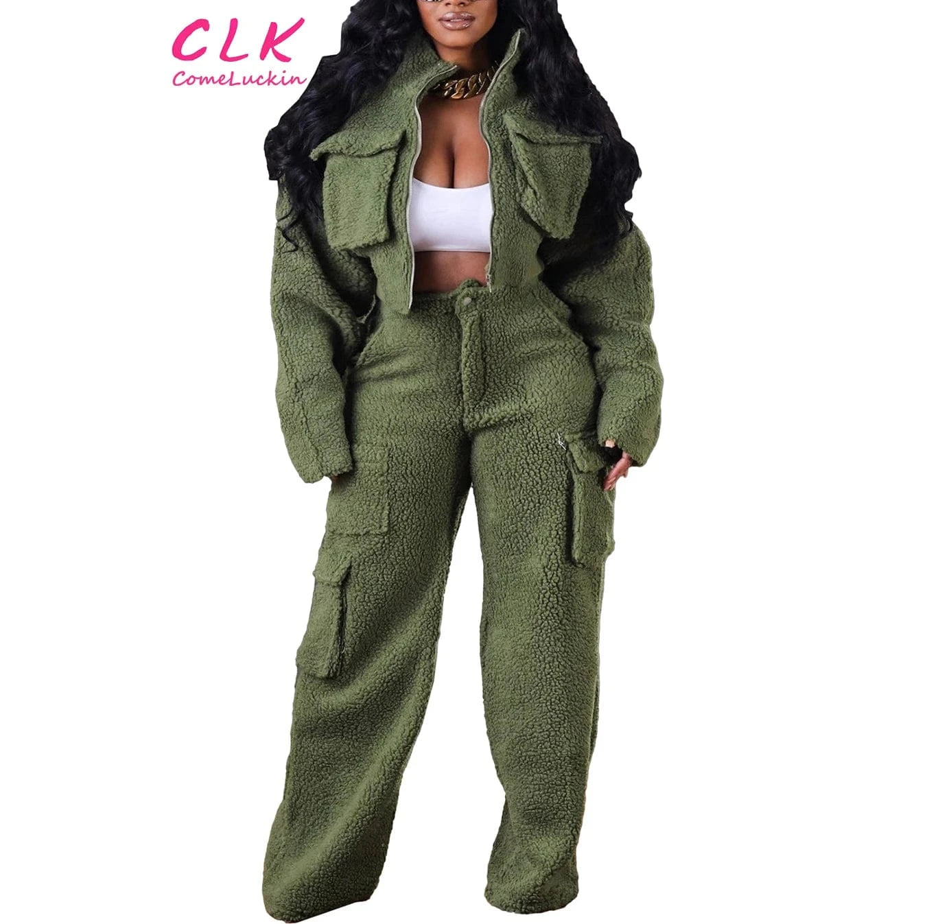 2 XL / Army Green Custom Logo 2024 Winter Warm Thick Women's Fleece Set Long Sleeve Full Zipper Cargo Pockets Pants Women Two Piece Set For Women