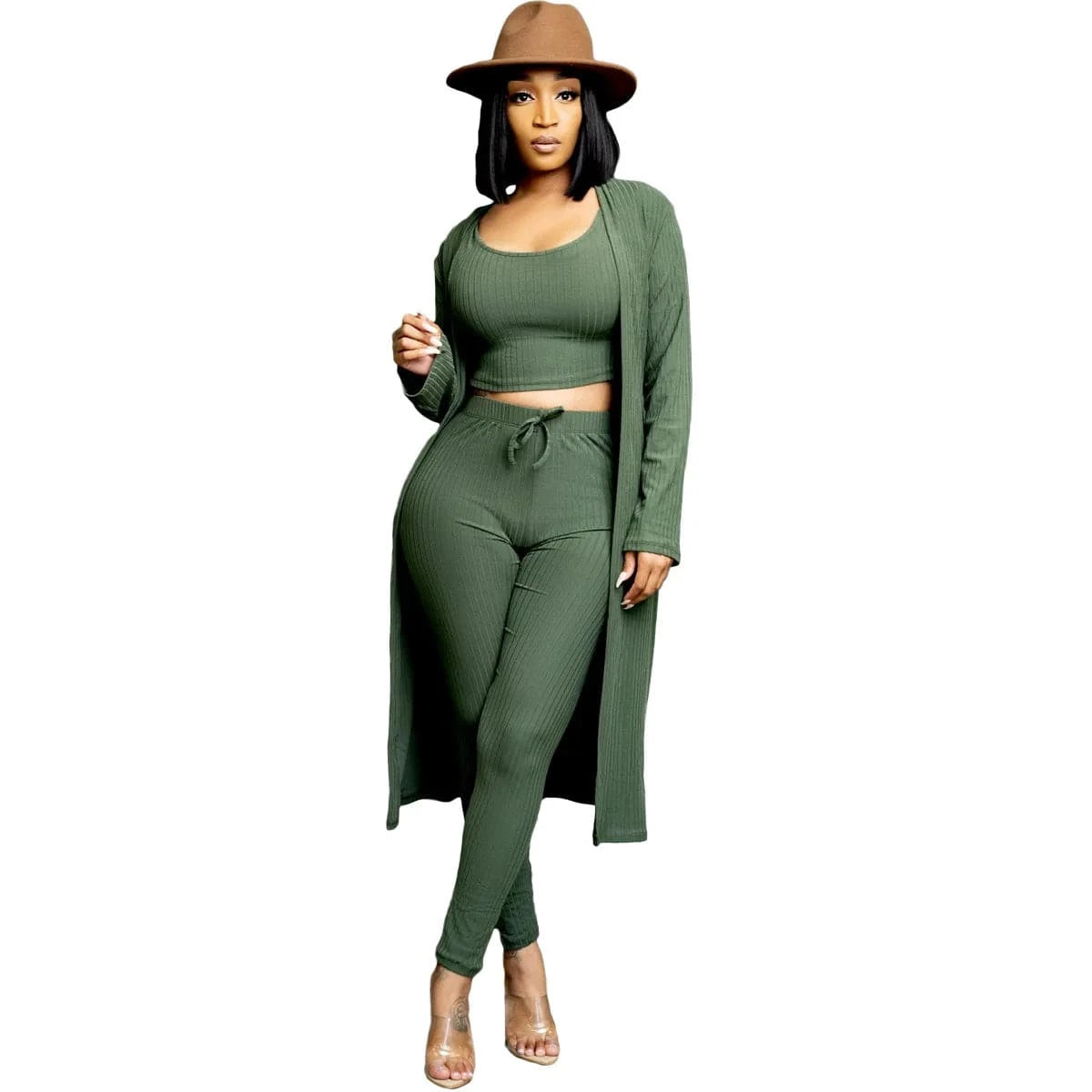 2 XL / Army Green New Autumn Winter Ribbed 3pcs knitted Women Clothes Cardigan Coat Crop Top High Waist Long Pants Tracksuit 3 Piece Set Women