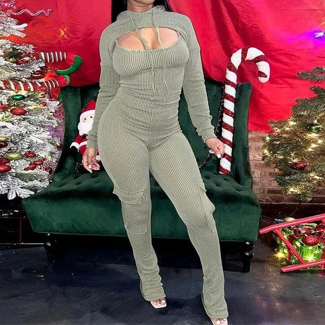 2 XL / Army Green ZHEZHE Fashion 2024 spring women 2 pieces set long sleeve hooded cropped top and sexy one piece jumpsuit two piece set women