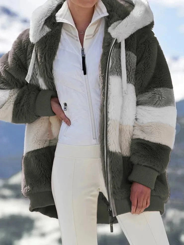 2 XL / ArmyGreen 2024 autumn/winter warm plush patchwork zippered pocket Hooded loose coat for women