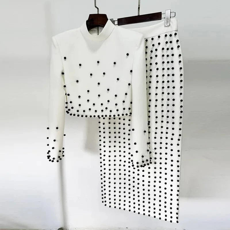 2 XL / as pic High Quality Fashion Autumn New White Ladies Sets 2024 Star With Pearl studded Short Elegant Women's Tops Long Skirt
