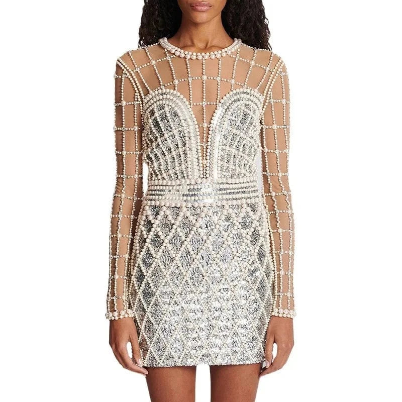 2 XL / as the picture 2024 Europe Style Fine Workmanship Beading Long Sleeve Round Neckline Women Sexy See-through Gauze Patchwork Mini Dress