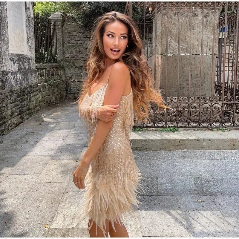 2 XL / Beige 2024 New Sexy Tassel Sequins Feather Mini Dress Women Spaghetti Strap Stitching Dresses Female Elegant Evening Party Club Dress