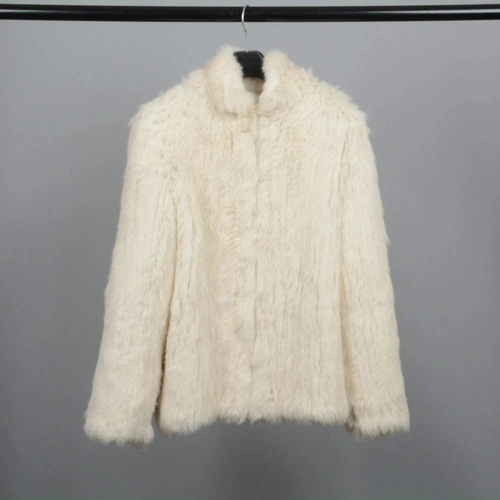 2 XL / Beige New Thick Knitted Real 100% Genuine Rabbit Fur Coat Women's Winter Outwear Fashion Style Ladies Jackets