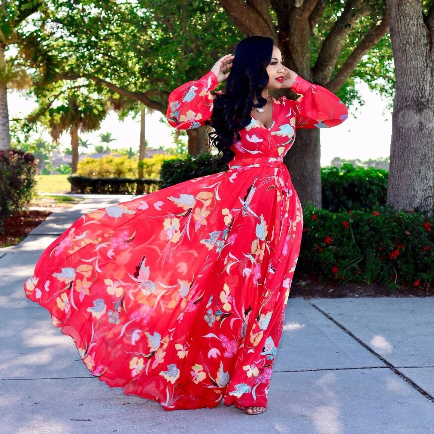 2 XL / Big red Wholesale Bohemia Woman Casual Dress Plus Size African Style V Neck Floral Print Chiffon Maxi Dresses Clothing Women Summer 2022