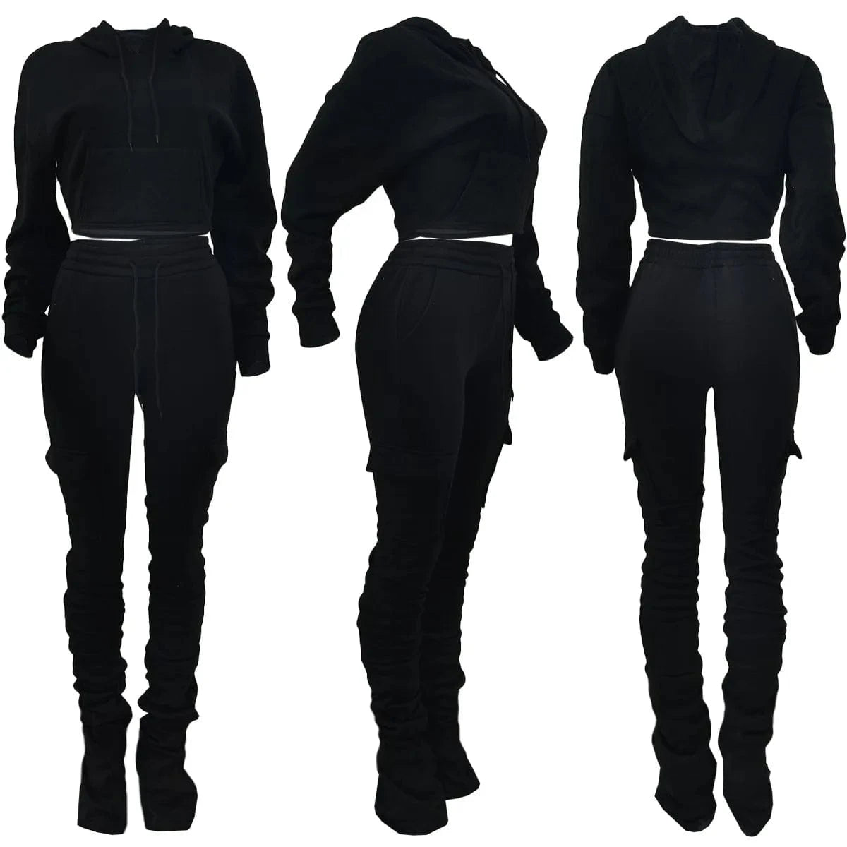 2 XL / Black 2 2 Piece Set 2024 Thick Fleece Stacked Sweatpants And Hoodie Jogger Two Piece Pants Set Women Sweatsuit Set Tracksuit