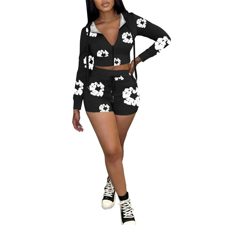 2 XL / Black 2 Pieces Set Sexy Fashion Women 2024 Summer Spring Female Tops Flower Printing Long Sleeve Hoodies And Elastic Waist Shorts Suit