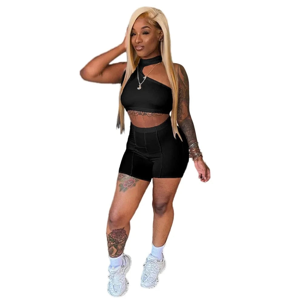 2 XL / Black 2022 Fashion Tracksuit Summer Casual Outfit Women Set Solid Sleeveless Crop Top Sheath Elastic High Waist Shorts 2 Piece Sets