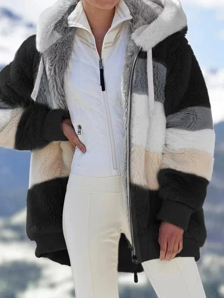 2 XL / Black 2024 autumn/winter warm plush patchwork zippered pocket Hooded loose coat for women