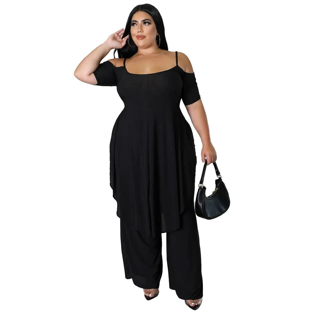 2 XL / Black 2024 new women plus size women's clothing Solid color sexy halter loose top two piece set