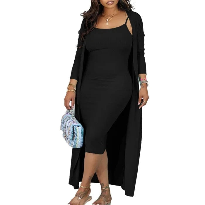 2 XL / Black D3232 Trendy Autumn Winter Dress Set Casual Dresses Women Lady Elegant Strap Dress And Long Coat Two Piece Set Women Clothing