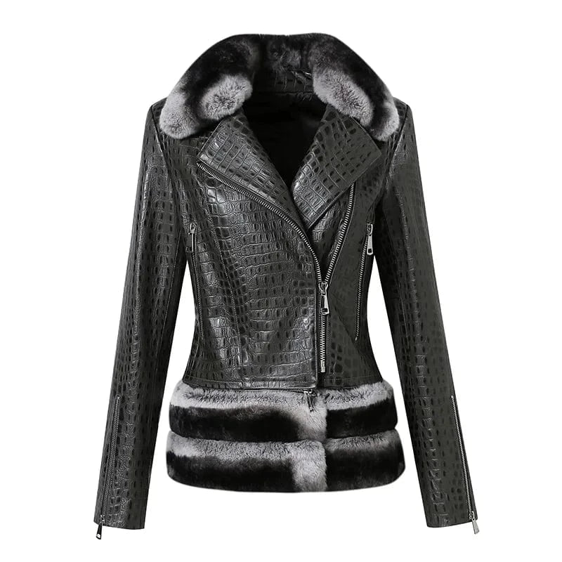 2 XL / Black Fashionable Crocodile Print Fur Trim Sheep Leather Shearling Jacket Women Leather Jacket With Detachable Rex Rabbit Fur