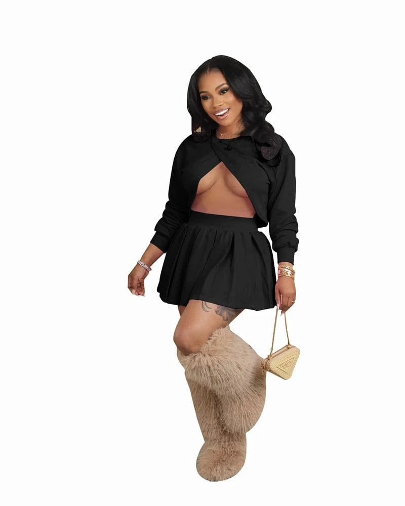 2 XL / Black hot selling 2024 fall new arrivals trending products 2025 spring women ladies sexy beauty pink 2 piece sweatshirt and skirt set