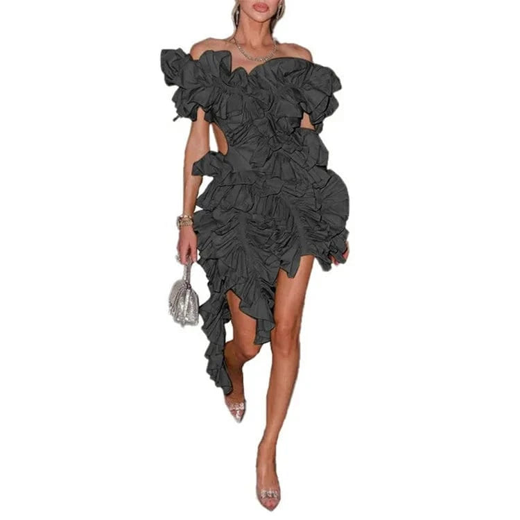 2 XL / Black Ladies Spring Sleeveless Backless V-Neck Ruffle New Fashion Mini Dresses For Women Asymmetrical Ball Gown Evening Party Clubwear