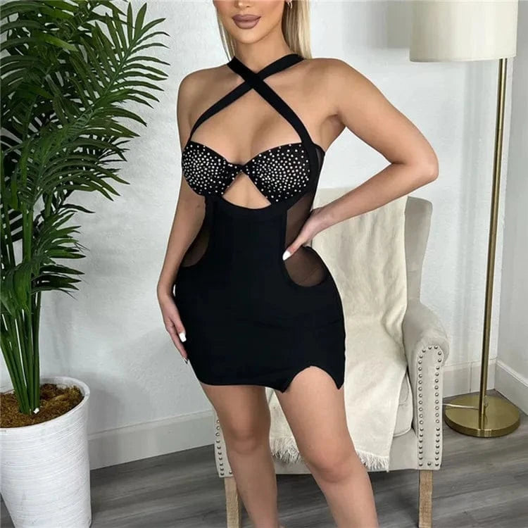 2 XL / Black Mesh Crystal Mini Dress Corss Halter Neck Rhinestone Party Dress Outfits