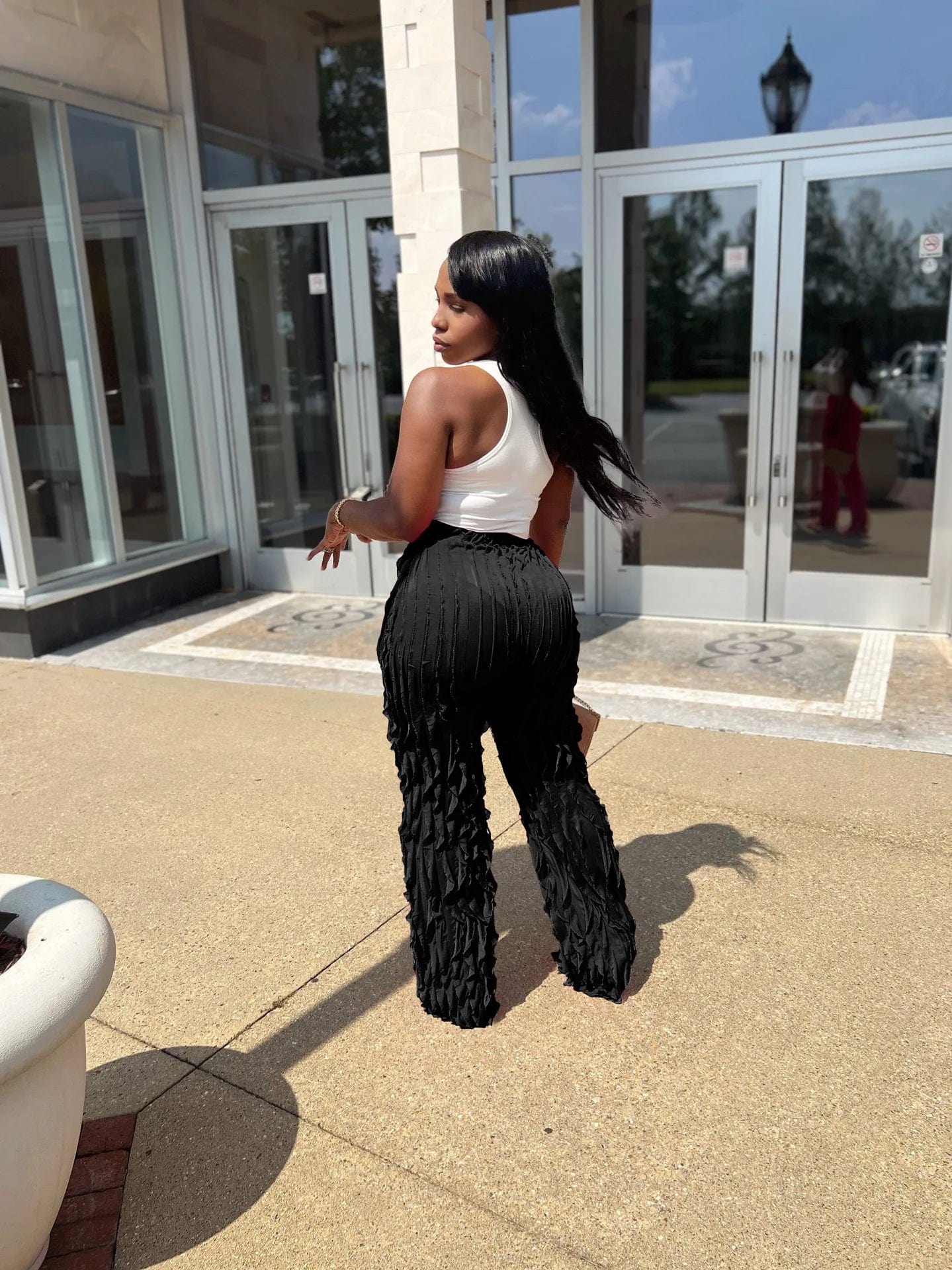 2 XL / Black New Fashion Streetwear Wide Leg Pants 2024 High Waist Casual Ruffle Pants Loose Long Pant For Women Clothing