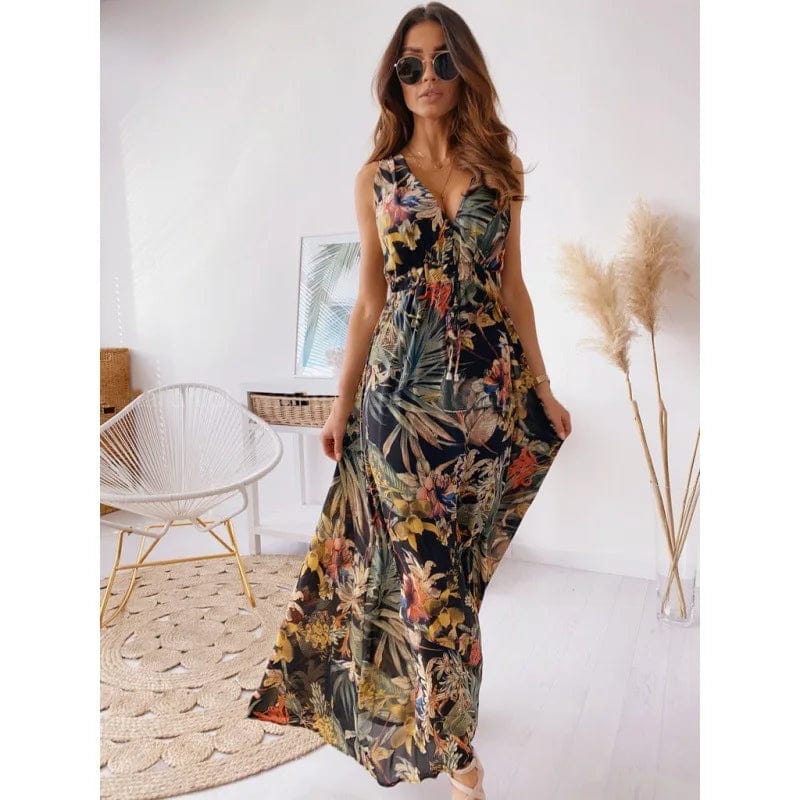2 XL / Black new woman clothes large size v-neck floral ladies evening dresses all-match dress new printed backless strap casual clothing