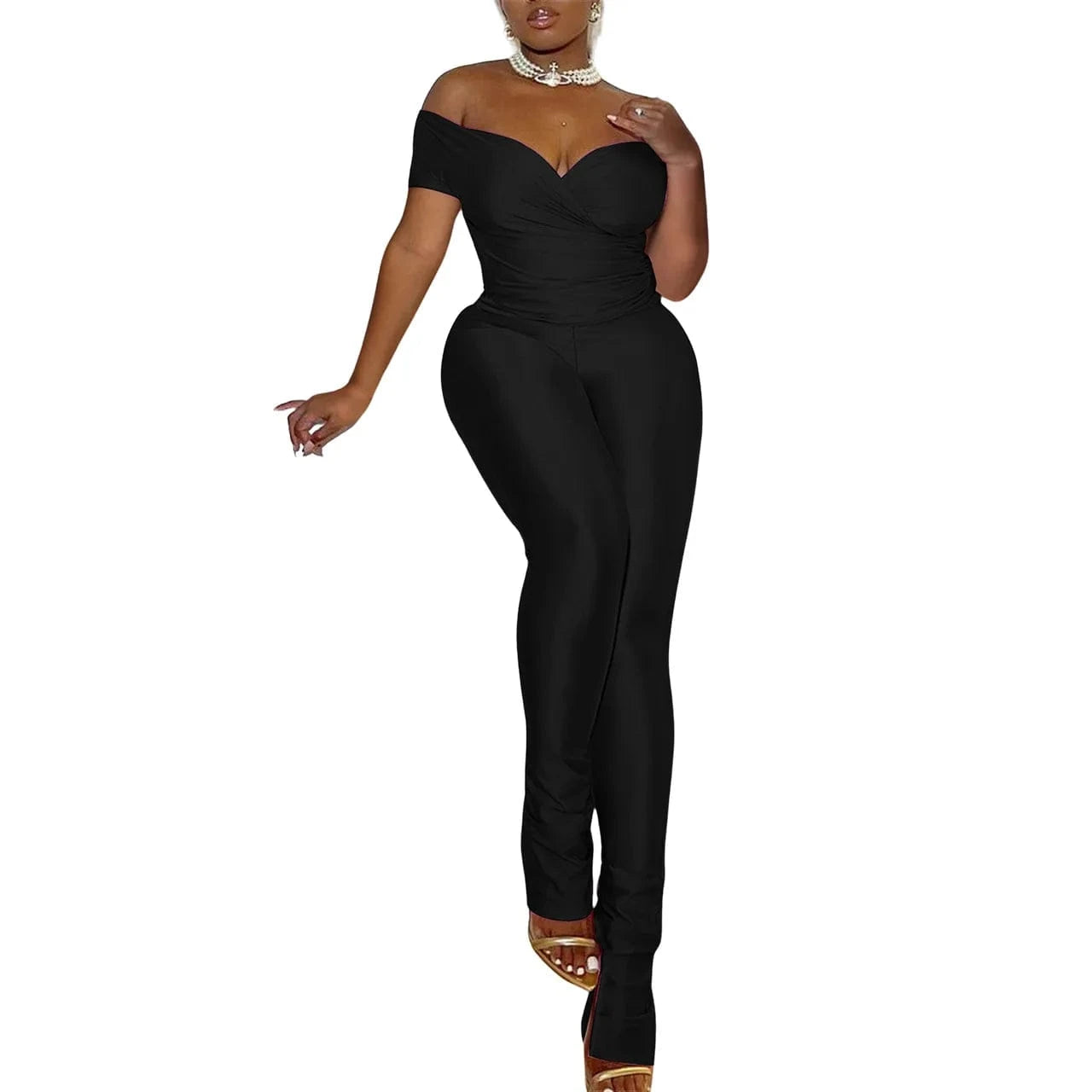 2 XL / Black Q24S8491 Wholesale 2024 spring summer sexy bodycon long pants off shoulder short sleeve crop tops casual 2 piece set women