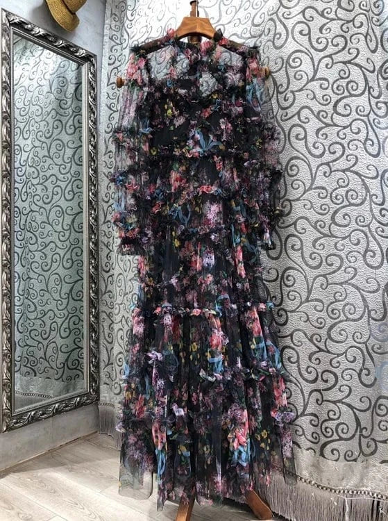 2 XL / Black Top Quality Women's Long Dress 2024 Spring Wedding Party Ladies Charming Floral Print Long Sleeve Maxi Dress Gown Vestido