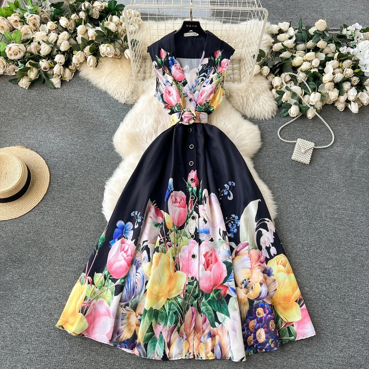 2 XL / Black Wholesale 2024 Spring/summer Temperament Sleeveless Suit Collar Waist Single Breasted A-line Printed Women's Dresses