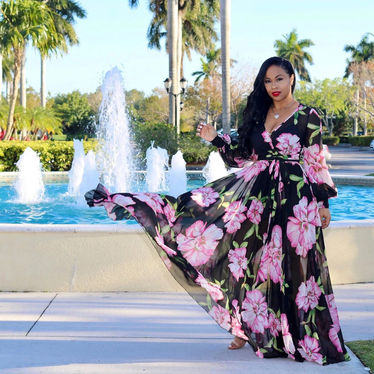 2 XL / Black Wholesale Bohemia Woman Casual Dress Plus Size African Style V Neck Floral Print Chiffon Maxi Dresses Clothing Women Summer 2022