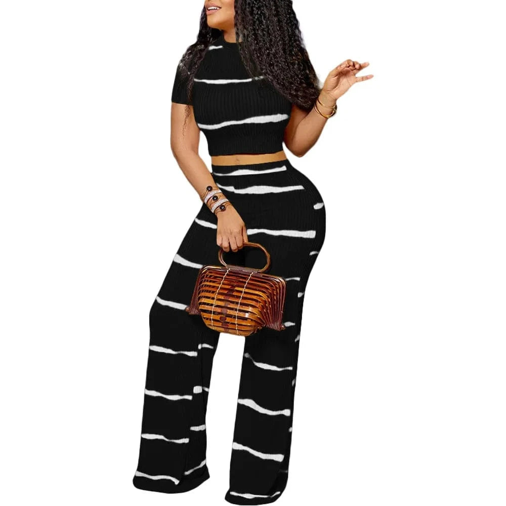 2 XL / Black women 2 piece sets summer 2024 Women s Sets Striped print rib knit wide leg set