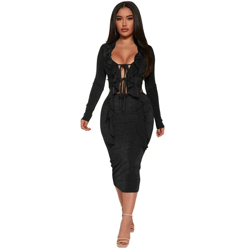 2 XL / Black women's long sleeve tie front top t shirt and midi skirt 2 two piece set women summer spring 2024 sexy elegant clothing outfit