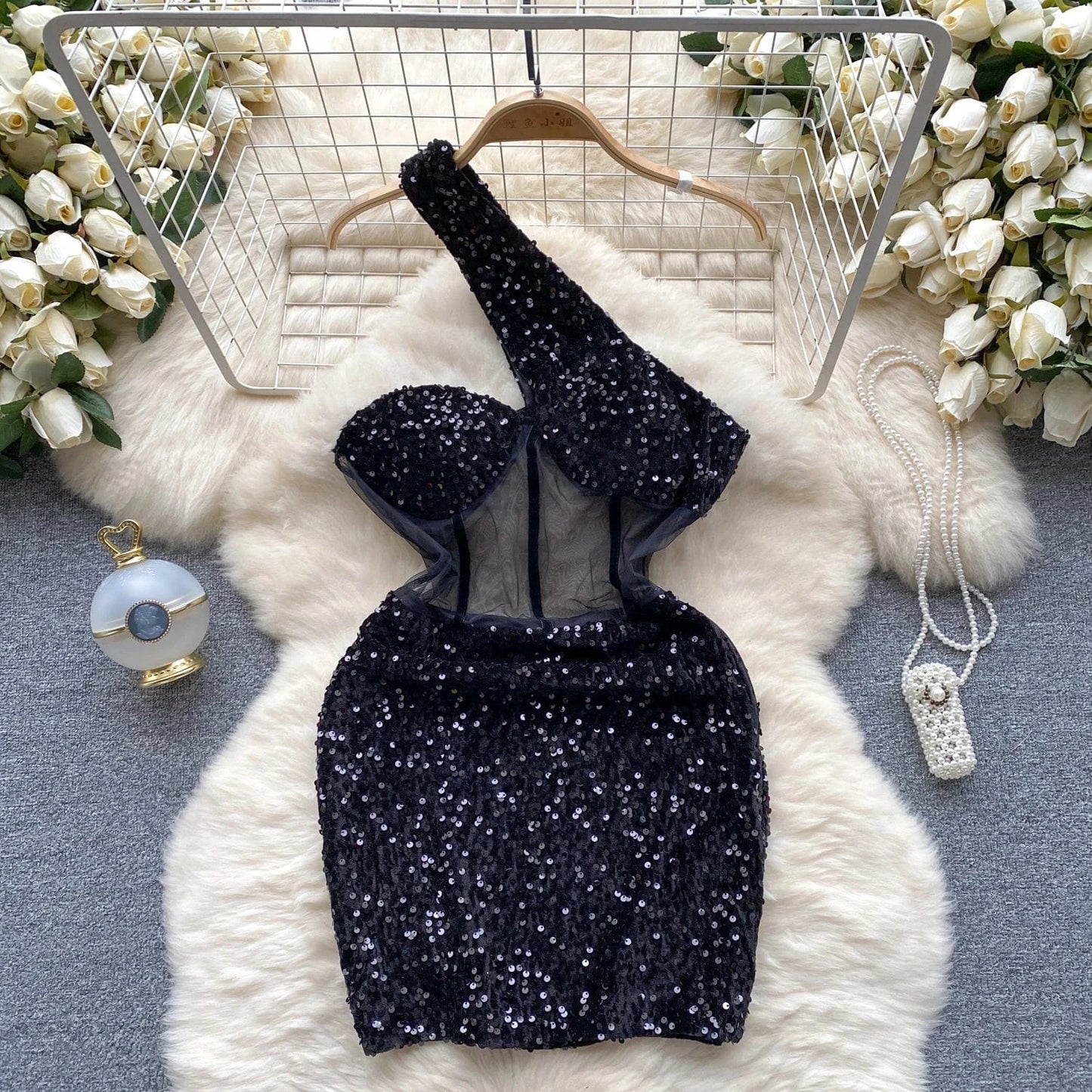 2 XL / Black Women Sequined Halter Neck Sleeveless Bodycon Mesh Patchwork Mini Midi Dress 2024 Summer Sexy Club Party Evening Dresses