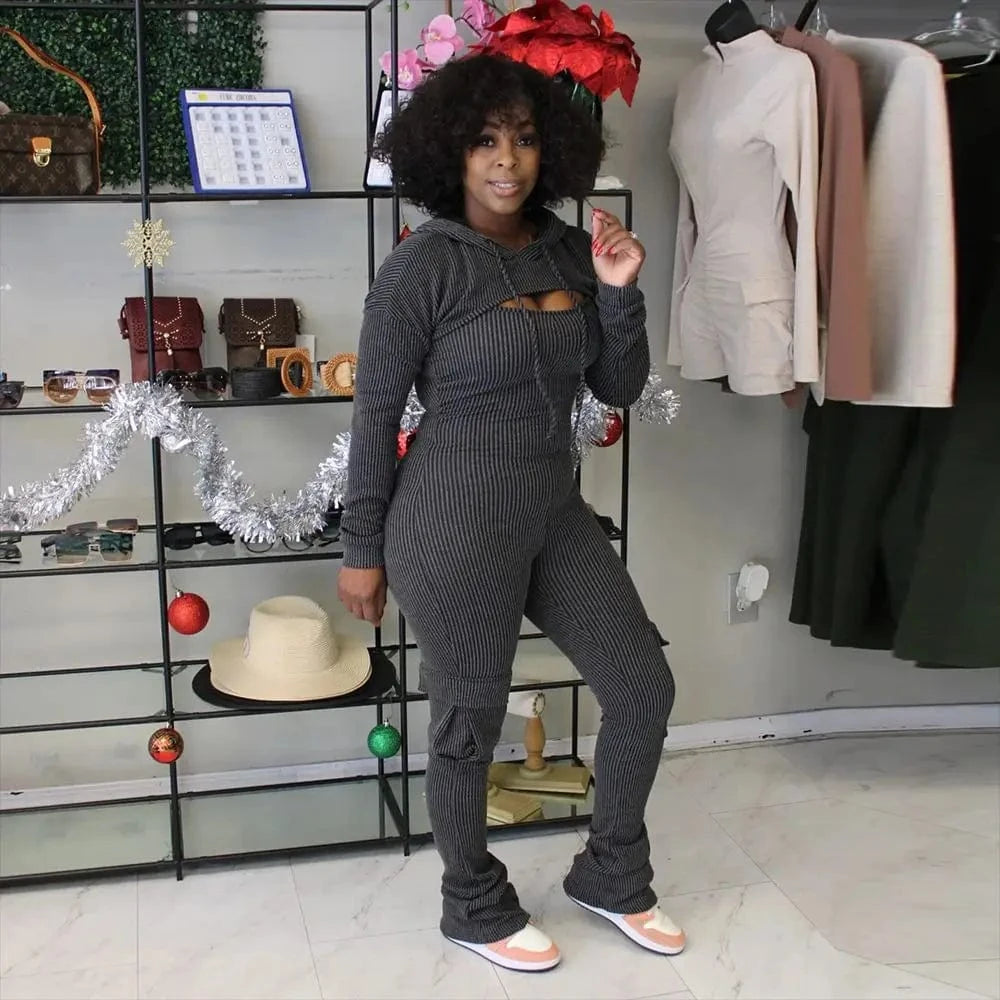 2 XL / Black ZHEZHE Fashion 2024 spring women 2 pieces set long sleeve hooded cropped top and sexy one piece jumpsuit two piece set women