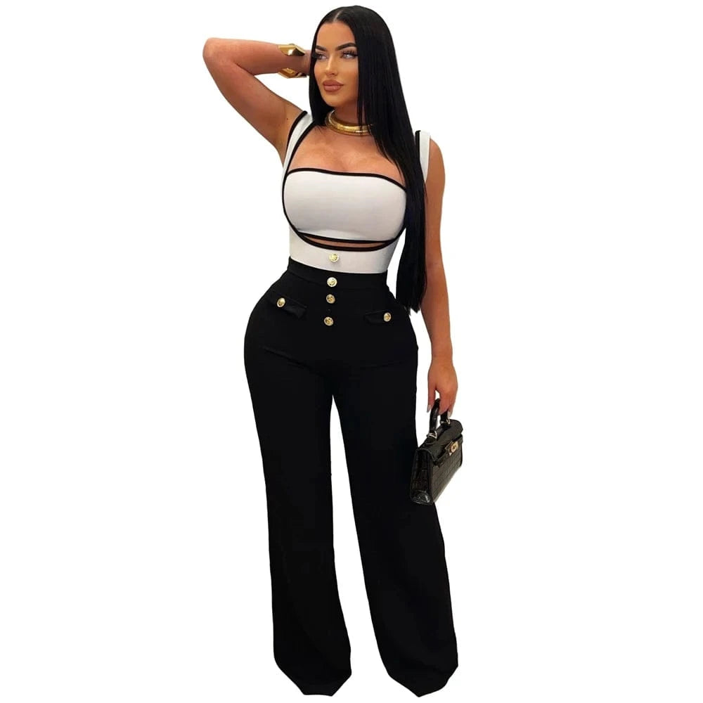 2 XL / BLK n WHT Two Piece Set Women Clothing Summer 2024 Casual Sexy Crop Top and Full Length Overall Pants Suits 2 Piece Jumpsuit Sets Outfit