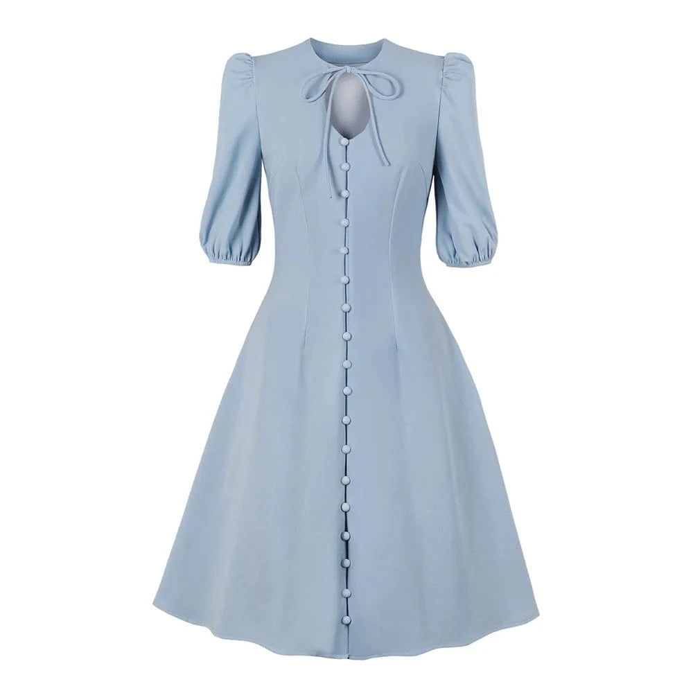 2 XL / Blue 2022 New Arrival Spring Summer Women Causal Dress Puff Sleeves Flare Vintage Dress Button Up Fashion Boohoo Midi Dress