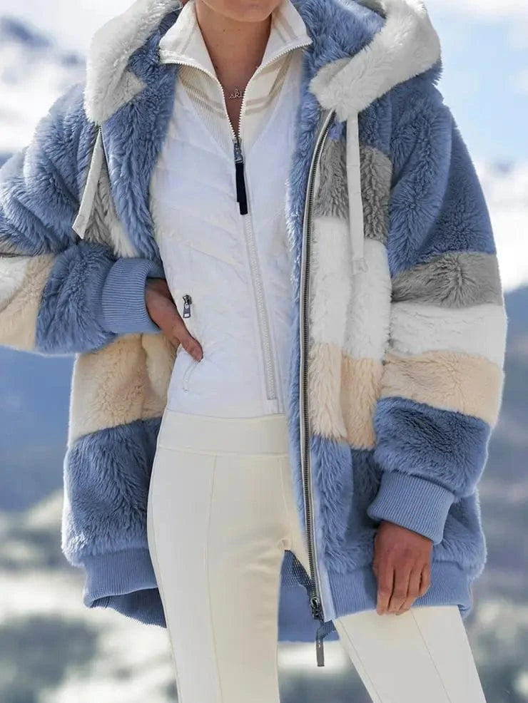 2 XL / Blue 2024 autumn/winter warm plush patchwork zippered pocket Hooded loose coat for women