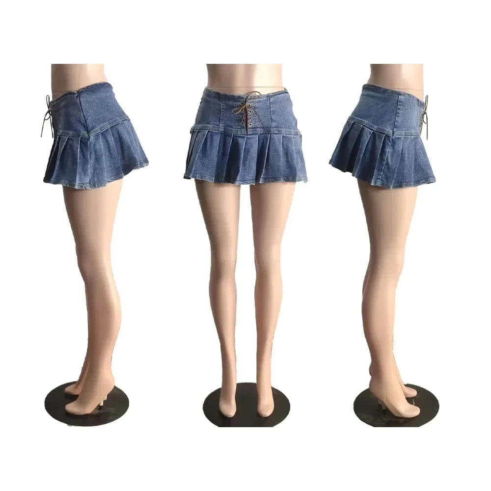 2 XL / Blue 2024 Fashion Women Sexy Blue Denim Pleated Mini Skirts Women Y2k Bodycon High Waist Lace Up Short Skirt