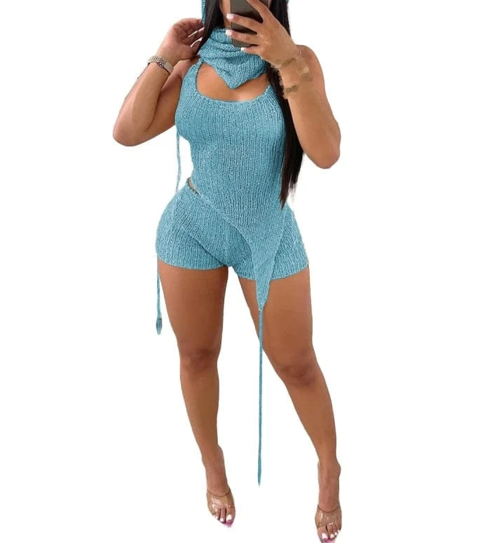 2 XL / Blue 2024 Sequins Knitted 3 Piece Set Hats + Lace Up Halter Backless Irregular Vests Top + Shorts Fashion Sexy Club Suit