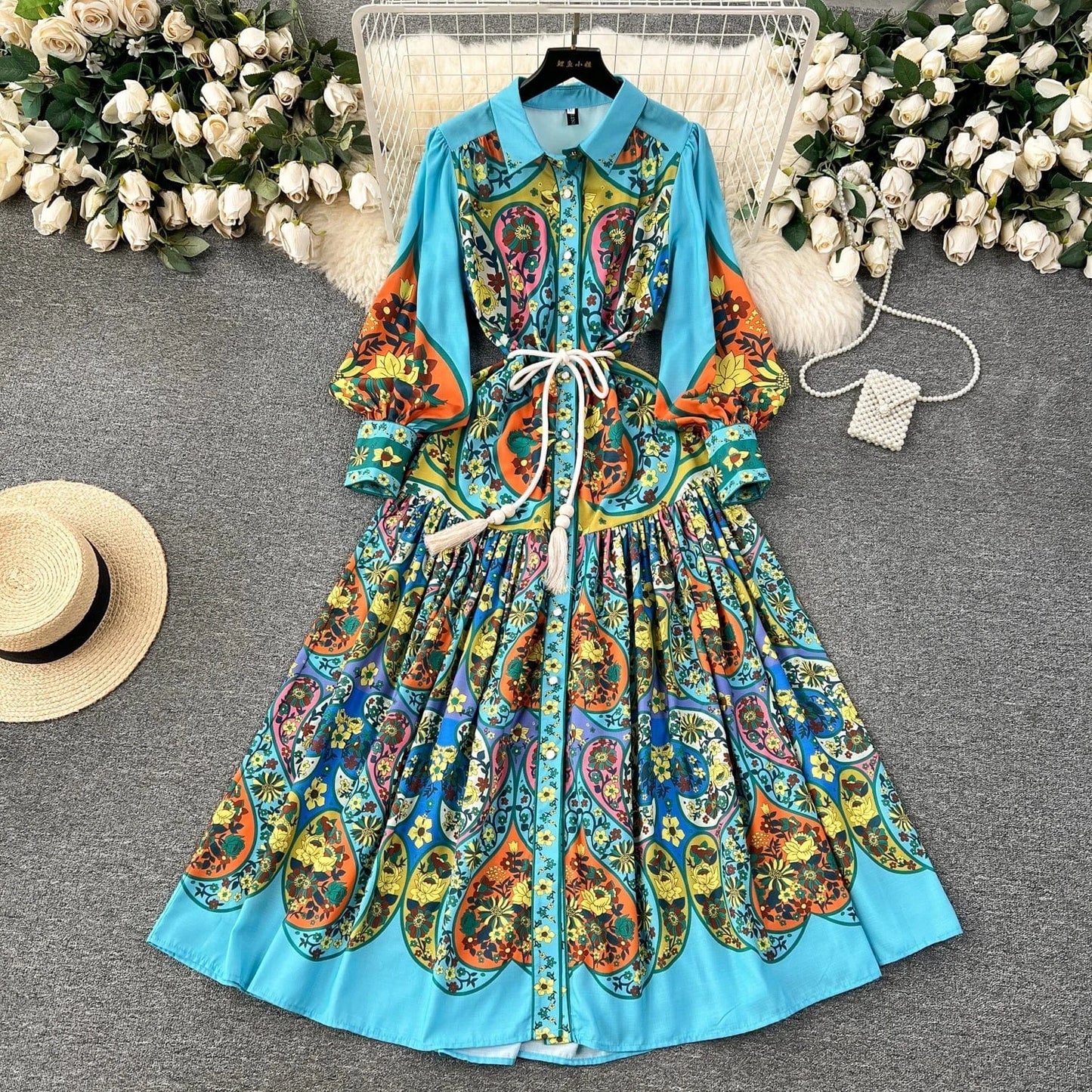 2 XL / Blue 2024 Spring Autumn Retro Style Evening Gown Lantern Long Sleeve Belted Slim Single-breasted A-line Print Dress