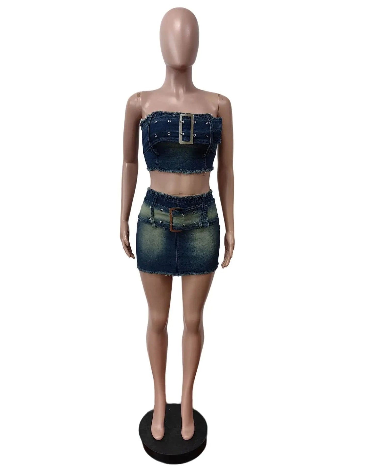 2 XL / Blue 2024 summer trendy boutique S-2XL designer denim jeans belt 2 piece skirt set for women
