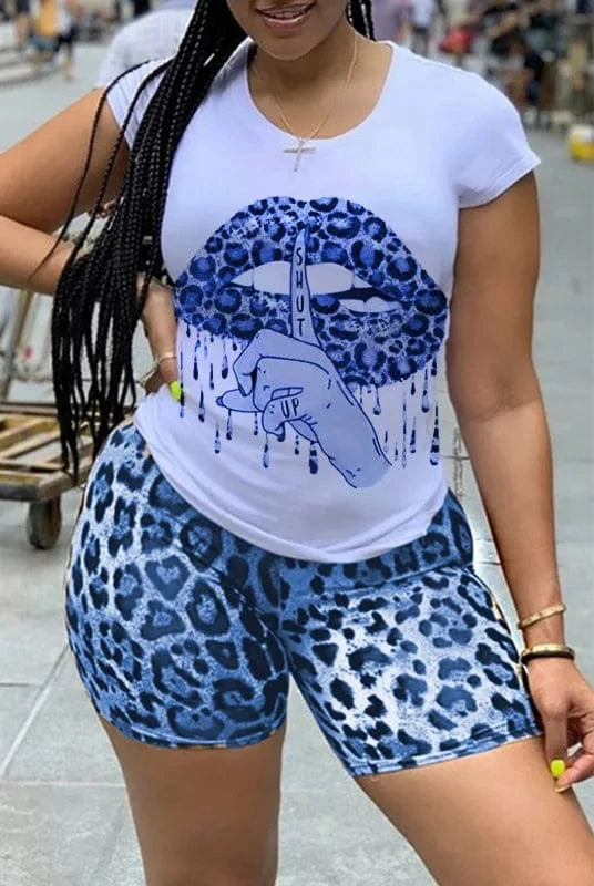 2 XL / Blue 5XL Plus Size Women Clothing Two Piece Set Tracksuit Lips Print Tshirt Top Leopard Biker Shorts Sweat Suit 2 Pcs Women Set