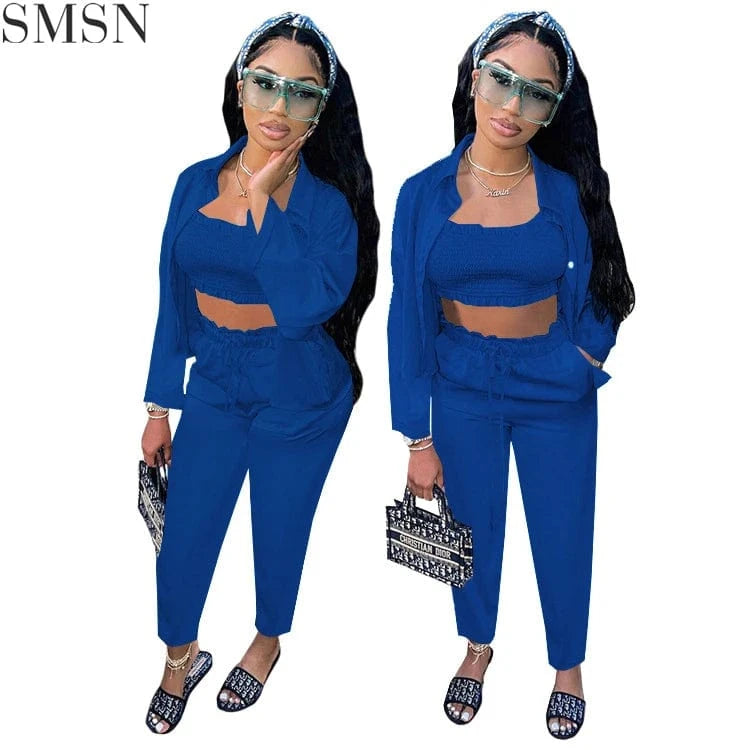 2 XL / Blue best price solid candy color loose hoodie casual trouser Three Piece Set Women Clothing Women Joggers Suits Set