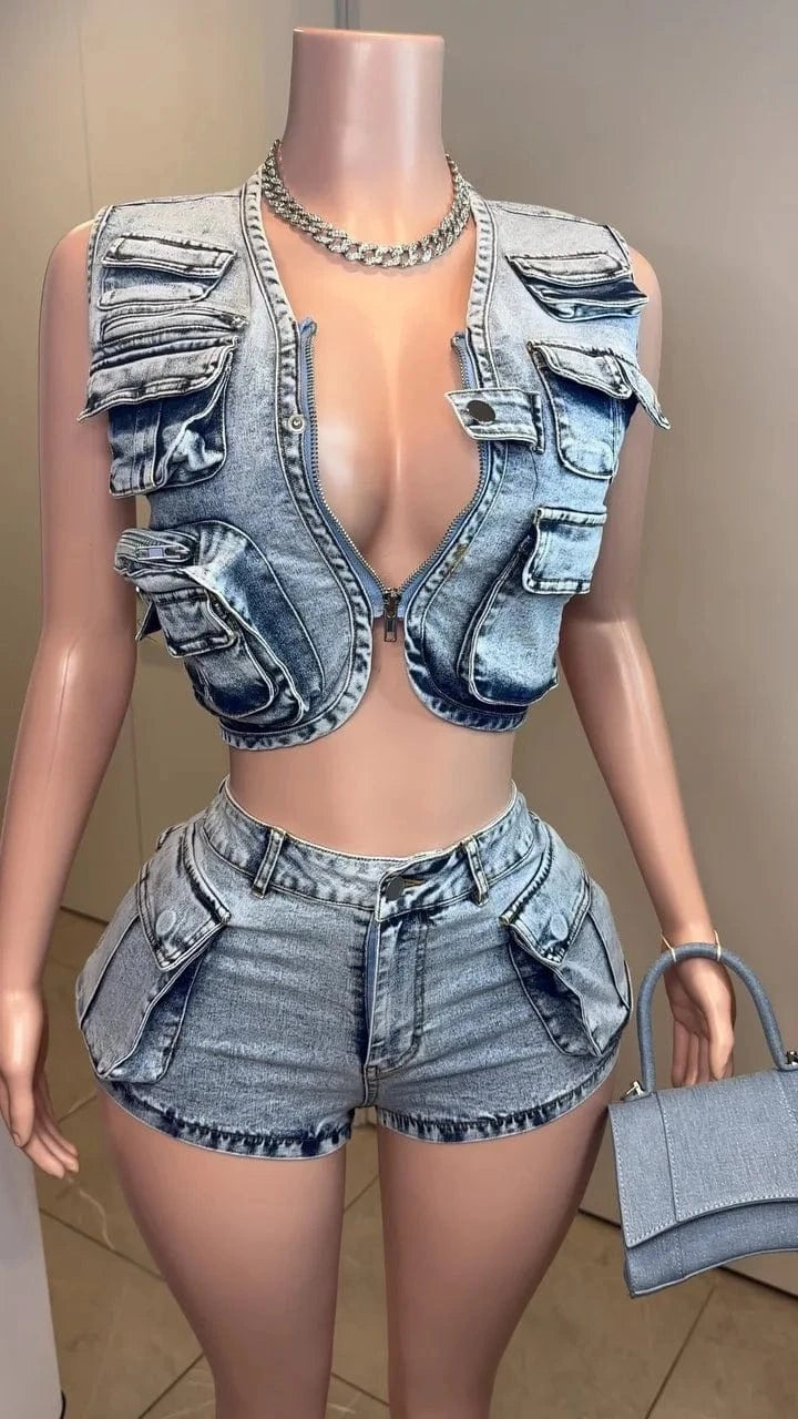 2 XL / Blue C0298 High quality hot selling multi bag vest top stretch cargo denim shorts women's denim 2 piece set