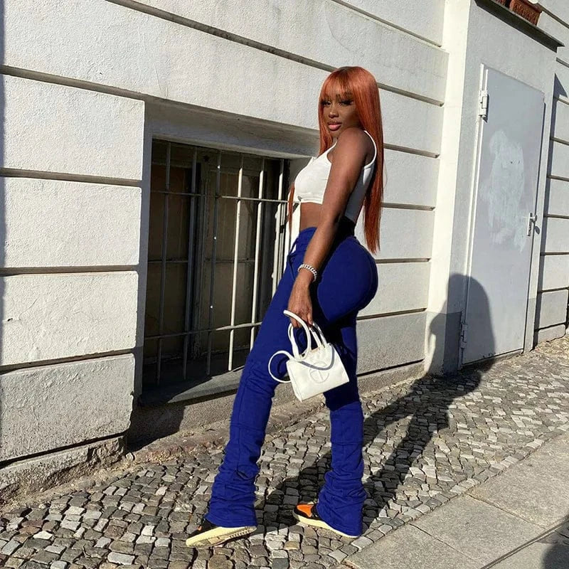 2 XL / Blue Custom Logo Stacked Sweatpants Women Fashion Fall Sports Joggers Drawstring Trousers Casual High Waist Women Stacked Pants