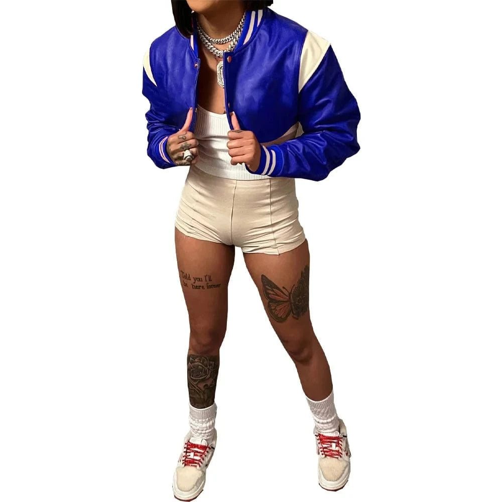 2 XL / Blue DN8690 Trendy american clothing 2024 fall winter women's coats casual baseball jacket short leather jacket fashion women jacket