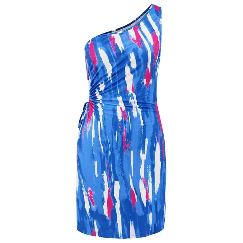 2 XL / Blue Europe and America Sexy Bodycon Mini Dress Women Hollow Out Drawstring Tie Dye Off Shoulder Short Dresses Summer Clothing