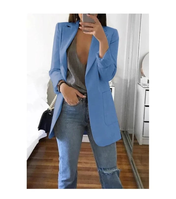 2 XL / Blue Hot Sale Plus Size Coat Long Sleeve Fashion Lapel Slim Cardigan Temperament Suit Jacket Women Blazer