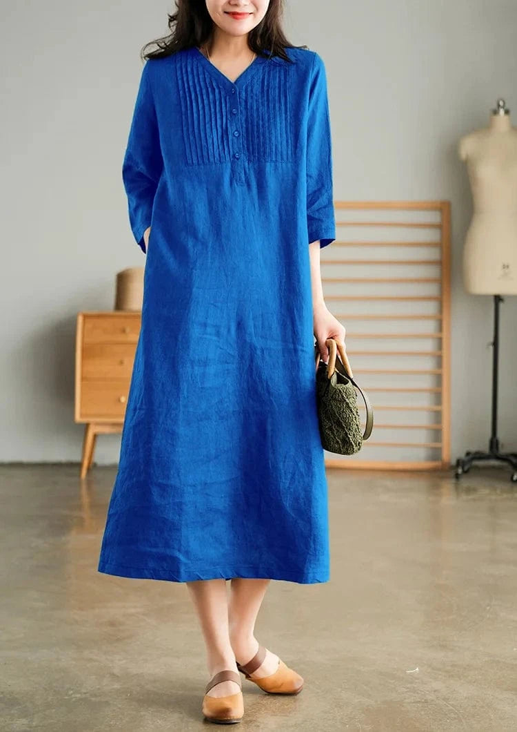 2 XL / Blue New in Dresses Spring Summer Fashionable V-Neck Solid Color Loose Robe Elegant Long Dress Retro Loose Fitting Women Clothing