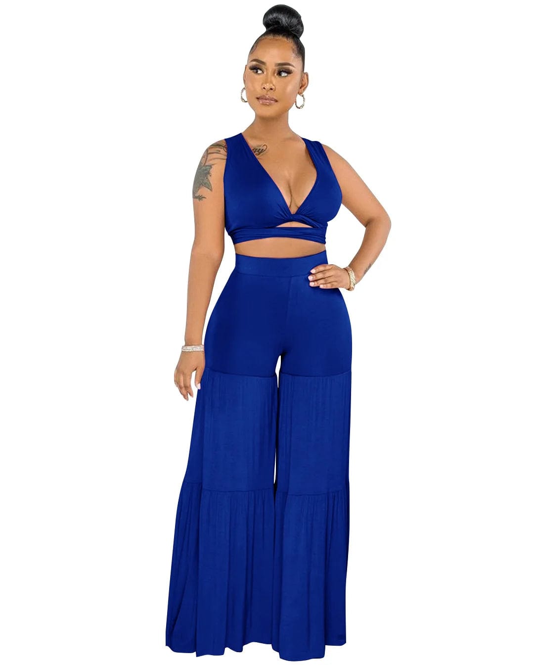 2 XL / Blue New Sexy Bundled Vest Top V-Neck Pleated Solid Color Summer Casual Women Mid-Waist Stitching Wide-Leg Two Piece Pants Set