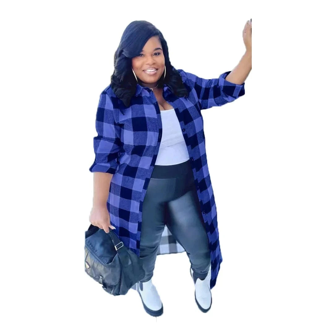 2 XL / Blue Plus size Long Sleeve Shirt Long Plaid Jacket Winter and Autumn Jacket Patchwork Plaid Jacket