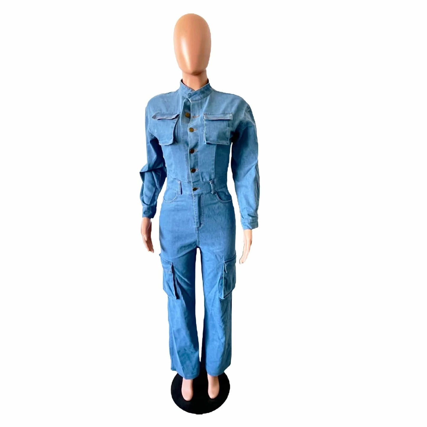 2 XL / Blue RTS Knitted Solid Color Bodycon Tight Waist Long Sleeve Casual Cargo Women Denim Jumpsuits