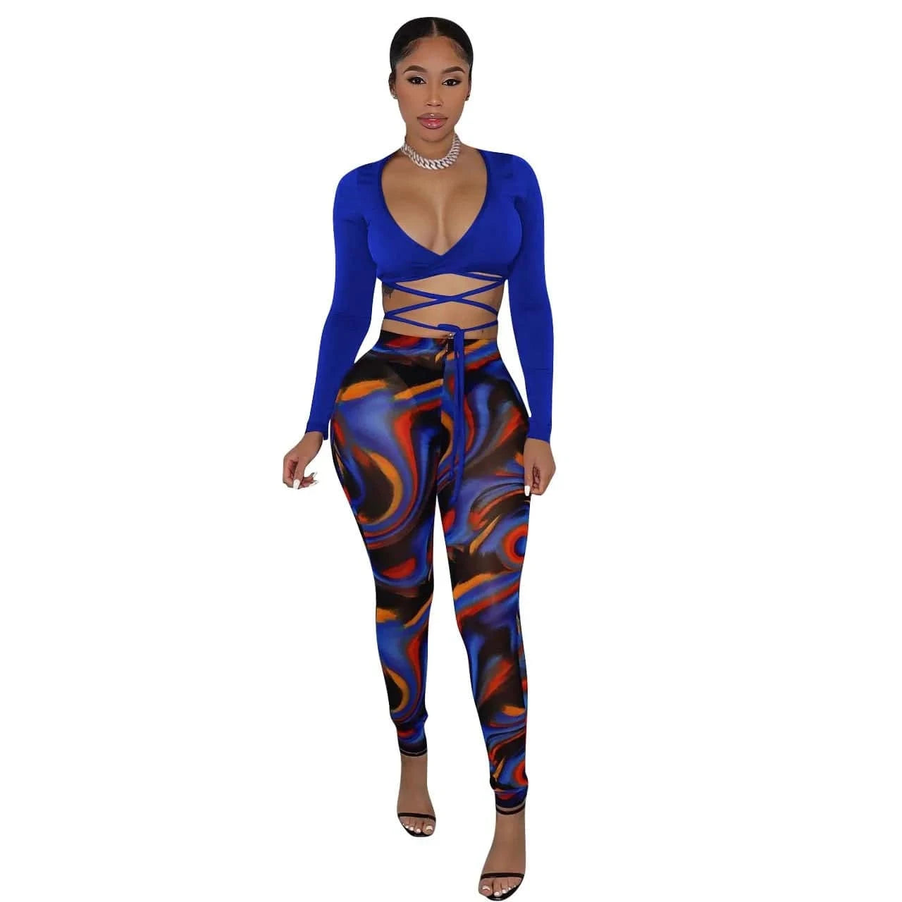 2 XL / Blue Summer Bandage Two Piece Set Sexy V Neck Lace Up Long Sleeve Crop Top Print Sheer Mesh Pants Club Party 2 Piece Set Women