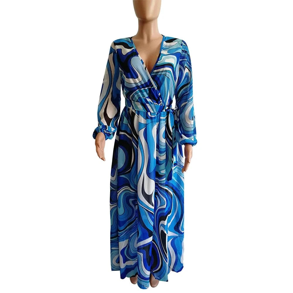 2 XL / Blue Wholesale Bohemia Woman Casual Dress Plus Size African Style V Neck Floral Print Chiffon Maxi Dresses Clothing Women Summer 2022
