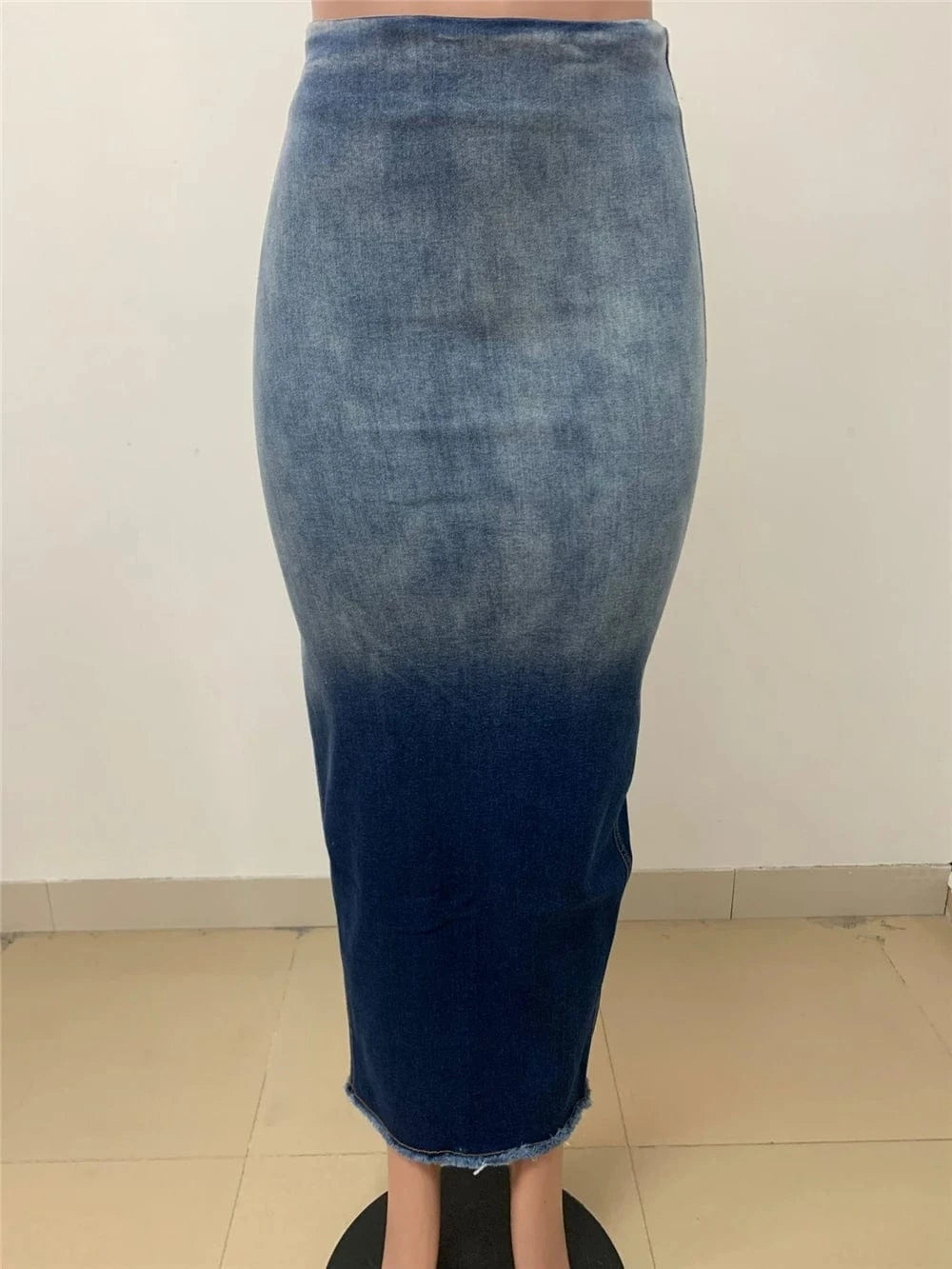 2 XL / Blue ZHEZHE 2024 New Fall Women Clothes Fashion Slit-fringed Denim Skirt Sexy Denim Bodycon Gradient Women's Skirts